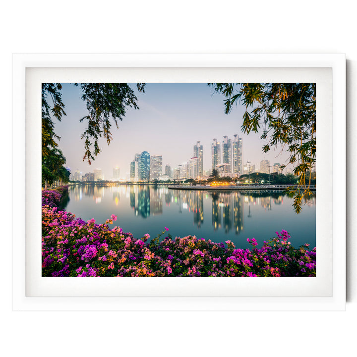 Bangkok at Night, Thailand – fine art print in a white frame with white mat