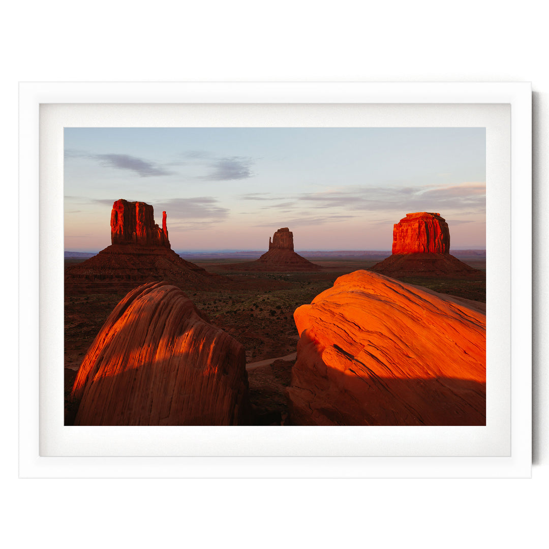 Monument Valley at Sunset, Arizona – fine art print in a white frame with white mat