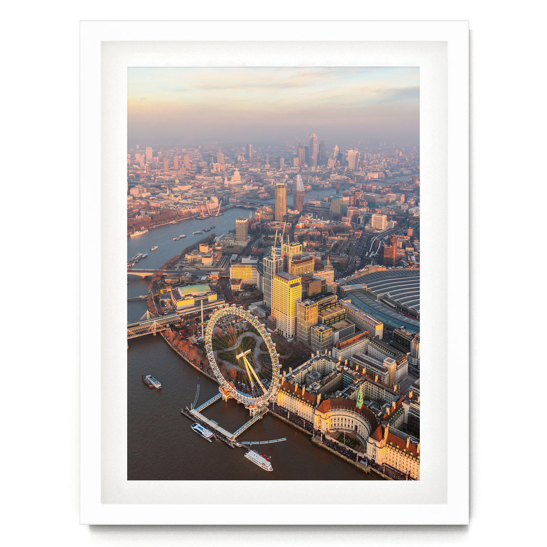 London Aerial I, England – fine art print in a white frame with white mat