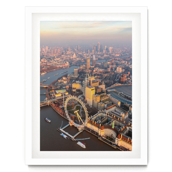 London Aerial I, England – fine art print in a white frame with white mat