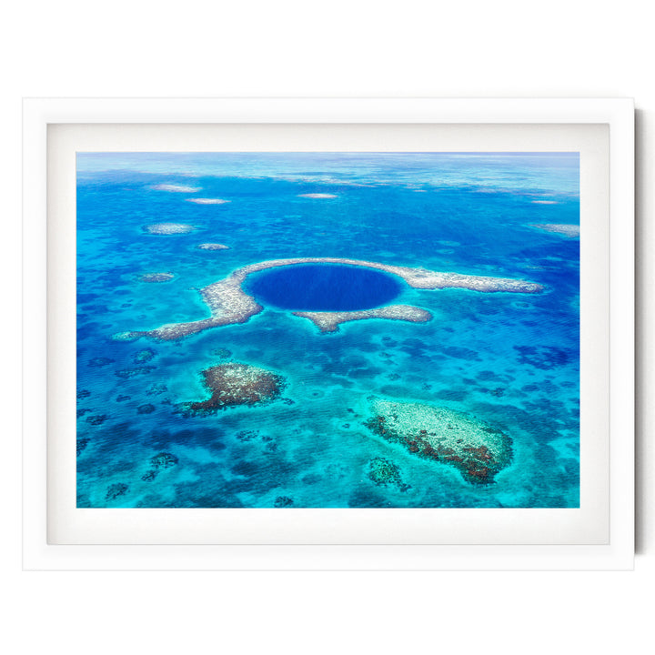 The Great Blue Hole, Belize – fine art print in a white frame with white mat